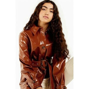 TOPSHOP Casey Belted Brown Glossy Jacket